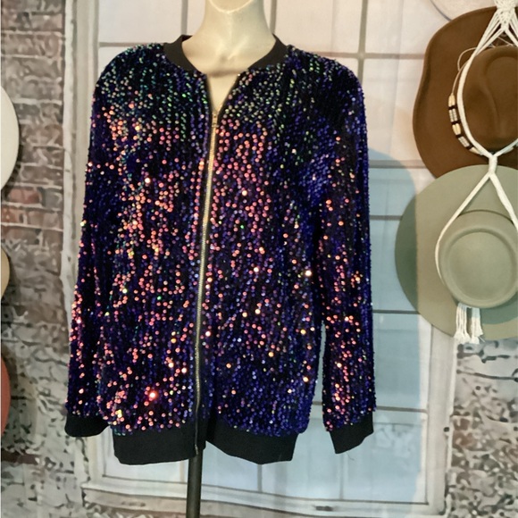 In’Voland Dazzling Sequin Bomber Jacket - Black and Blue Sz 18 - Picture 1 of 8